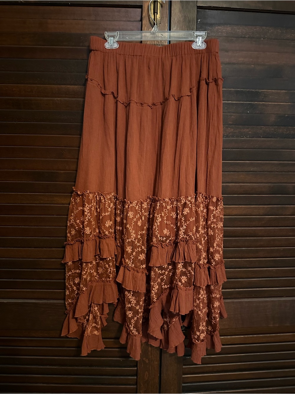 Free People Ashlyn Rust Asymmetrical Lace-Trim Maxi Skirt - Picture 4 of 12